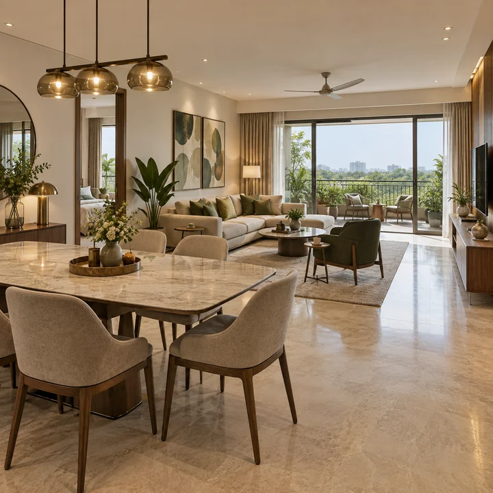 Krishvi Prana Hennur 3 BHK living and dining room opening onto a balcony, artist's impression Krishvi Prana Hennur 3 BHK living and dining room opening onto a balcony, artist's impression