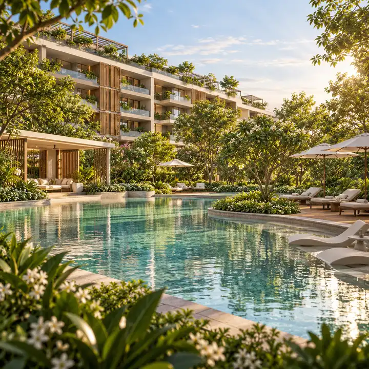 Krishvi Prana Hennur swimming pool with deck and loungers, artist's impression Krishvi Prana Hennur swimming pool with deck and loungers, artist's impression