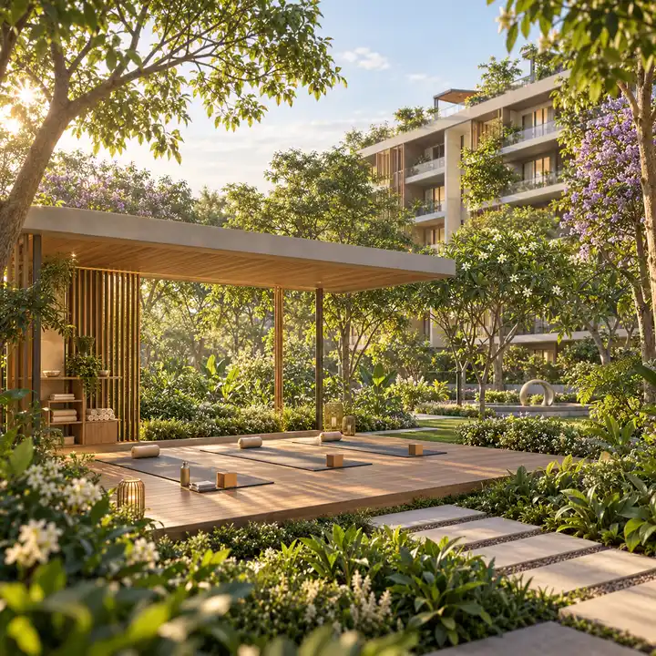 Krishvi Prana Hennur yoga deck among trees, artist's impression Krishvi Prana Hennur yoga deck among trees, artist's impression