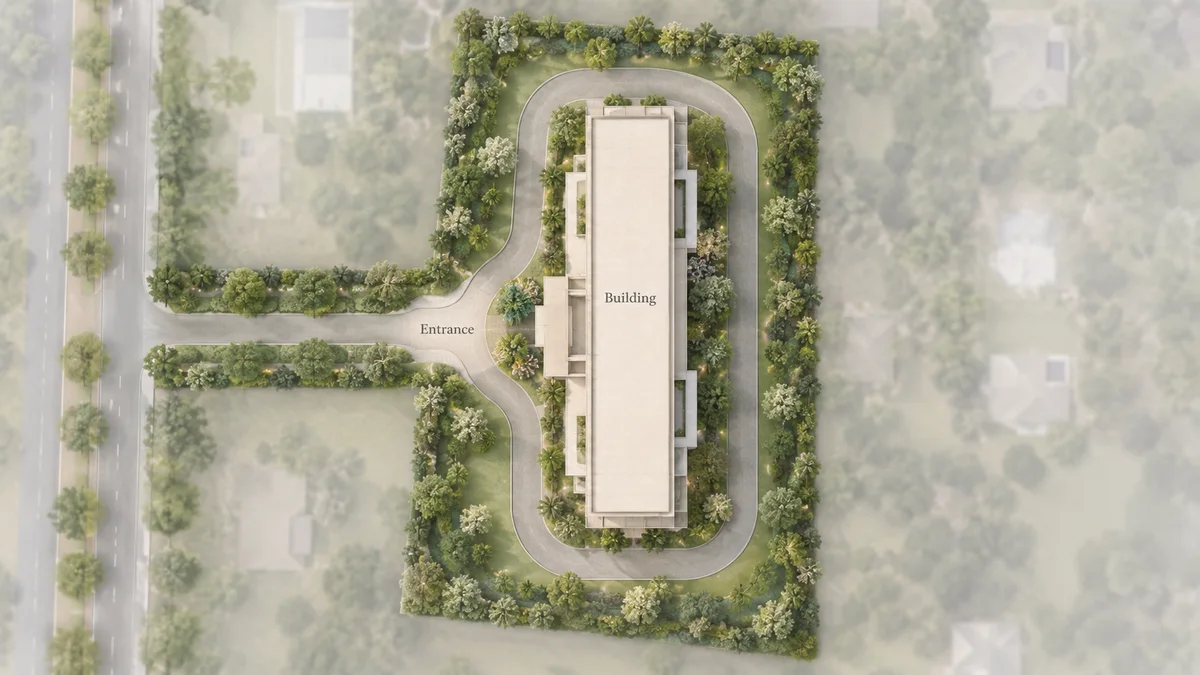 Krishvi Prana Hennur indicative site layout with one building, a driveway around it and the entrance on the west side Krishvi Prana Hennur indicative site layout with one building, a driveway around it and the entrance on the west side